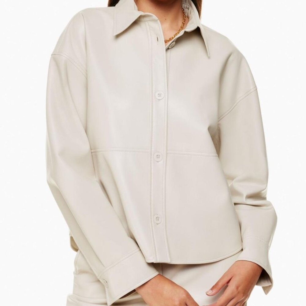 Babaton Pelli Relaxed Hip Shirt Jacket Relaxed Faux Leather Shacket Cream Tan S